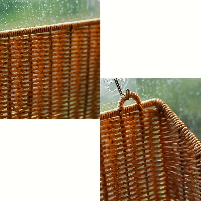 1pc Rustic Wall-Mounted Basket with Hooks - Woven Rattan Storage Hamper Suitable for Bathroom, Kitchen, Bedroom & Living Room