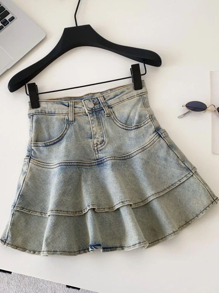 Korean Fashion Preppy Style Denim Skirt Women Slim High Waist Ruffled Layered Hem Vintage Slim Fit Mini Skirt Casual Y2K Clothes