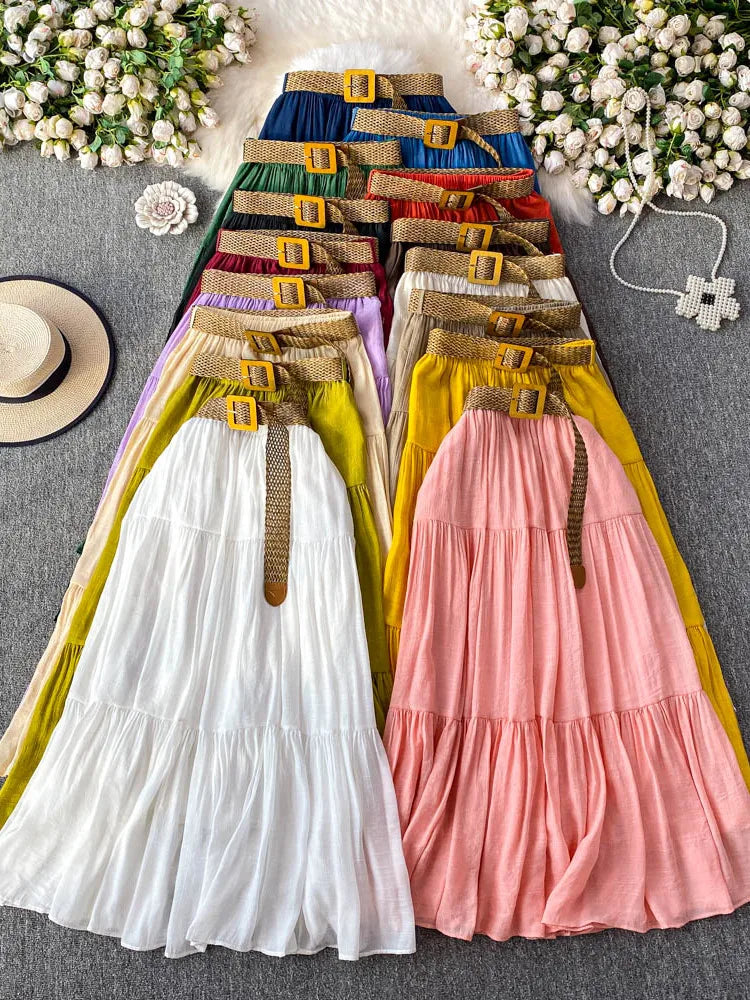 White Casual Mid-Length Puffy Skirt Women's Summer High Waist Slimming Cake Skirt Korean Sle Commute A-Line Skirt