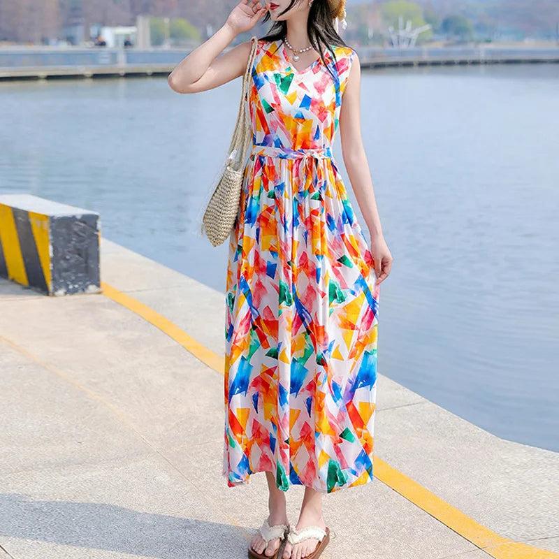 Spring Summer Dresses Fashion Female Sleeveless printed Casual Dress Women A-line Dresses Vestidos