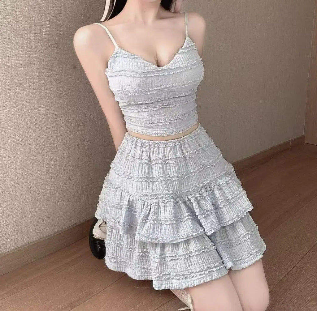 Ballet Style Puffy Short Skirt Women Summer Lace Crop Top Design Sensation Half Skirt Pure Desire Sweet And Spicy Set