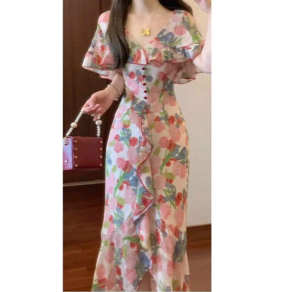 Romantic Elegant Vintage Floral Print Women's Dress Summer Slimming Long Skirt High Waist Short Sleeve A-Line Midi Dress