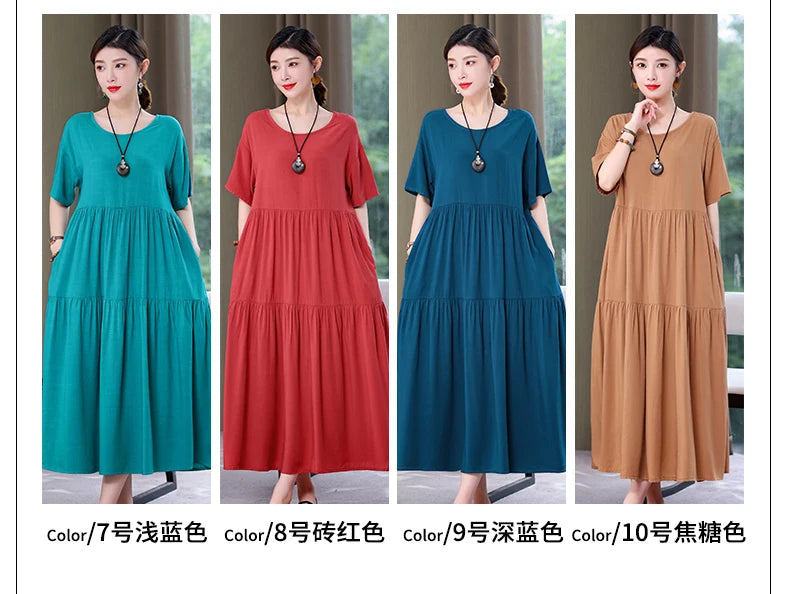 New Fashion 2023 Causal Summer Dresses For Women Loose Solid Long O-neck Dress Vintage Short Sleeve Womens Clothing