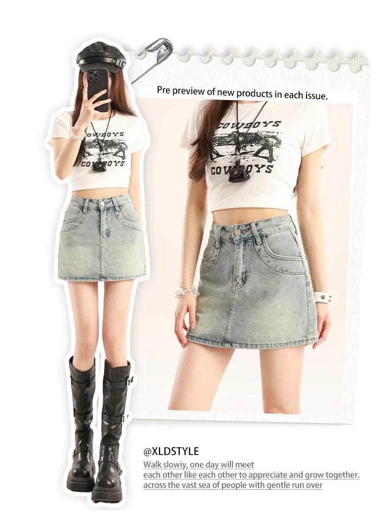 Light Blue Spicy Girl High Waist Denim  Skirt Women's A-Line Bodycon Short Skirt Summer New Style Slimming Anti-Light
