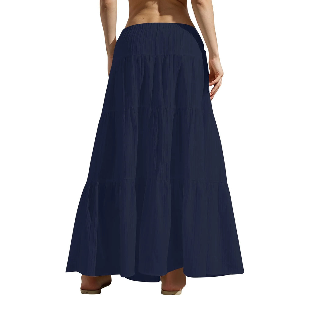 Women's Flared Ruffle Hem Maxi Skirt Fashion Women Solid Long Skirts Elastic Waist Elegant Long Skirt Spring Summer Cake Dress