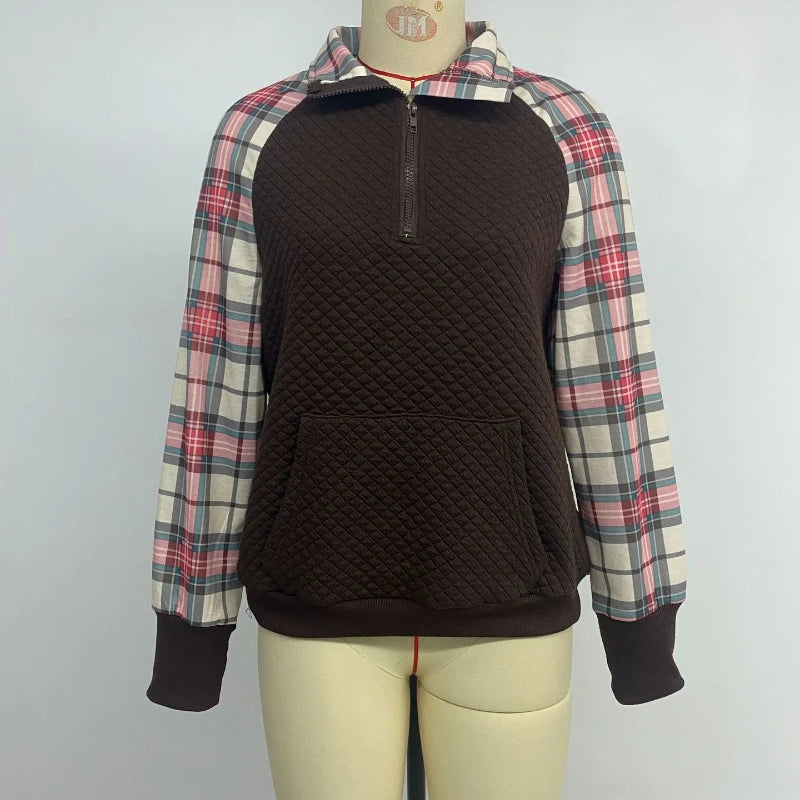 Women's Quilted Half Zip Pullover Plaid Sleeve Kangaroo Pocket Sweatshirt 2026