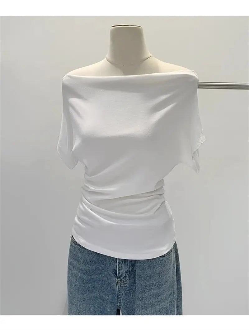 Summer One Shoulder Black Women's T-shirt Short Sleeve Korean Style Slimming Top Exposed Shoulder Fashionable