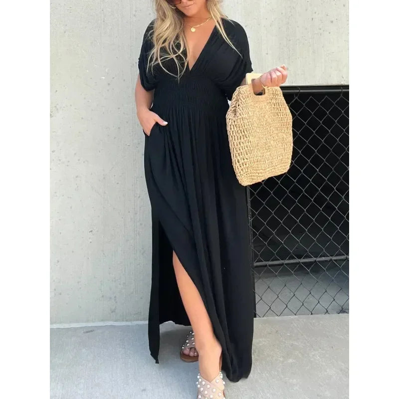 Slit V-neck Effortless Maxi Dress Solid Color Women Backless Leace-up Bat Sleeve Slit Dress Casual Beach Vacation Daily Wear