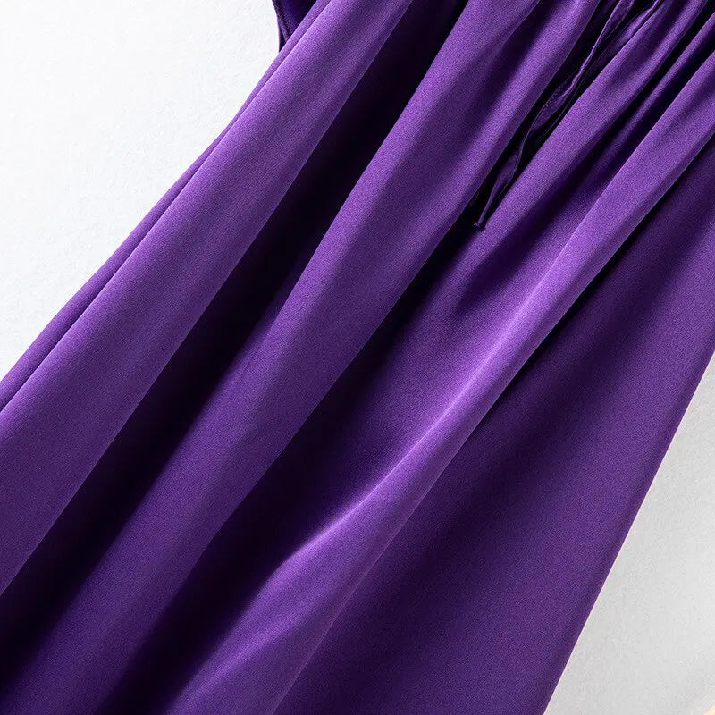 Loose 100%Silk Short Sleeve Nightgown, Summer Medium-long Satin Sleepwear Woman