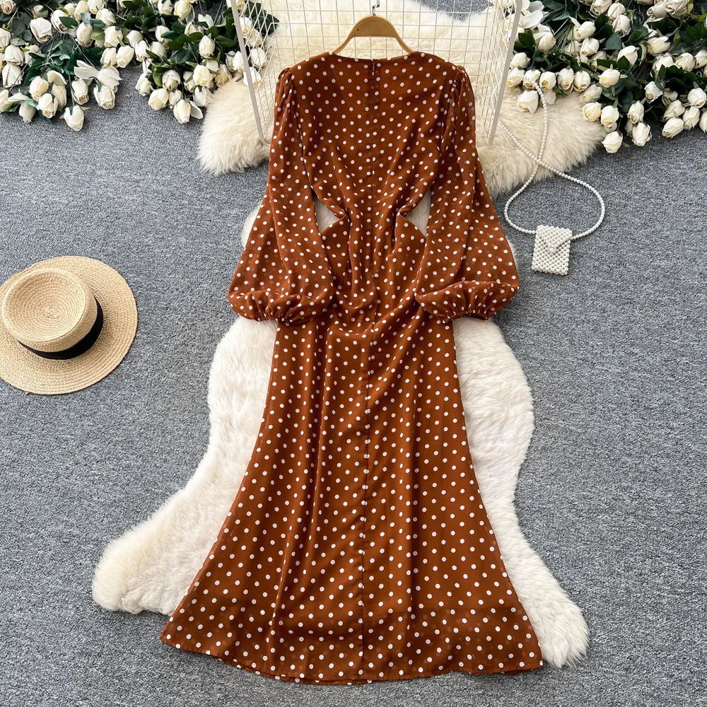 Long Dress Women Dresses Print Dot Vestidos Y2k Streetwear V Neck Lantern Sleeve Tight Waist Elegant Party Work 2026 Summer