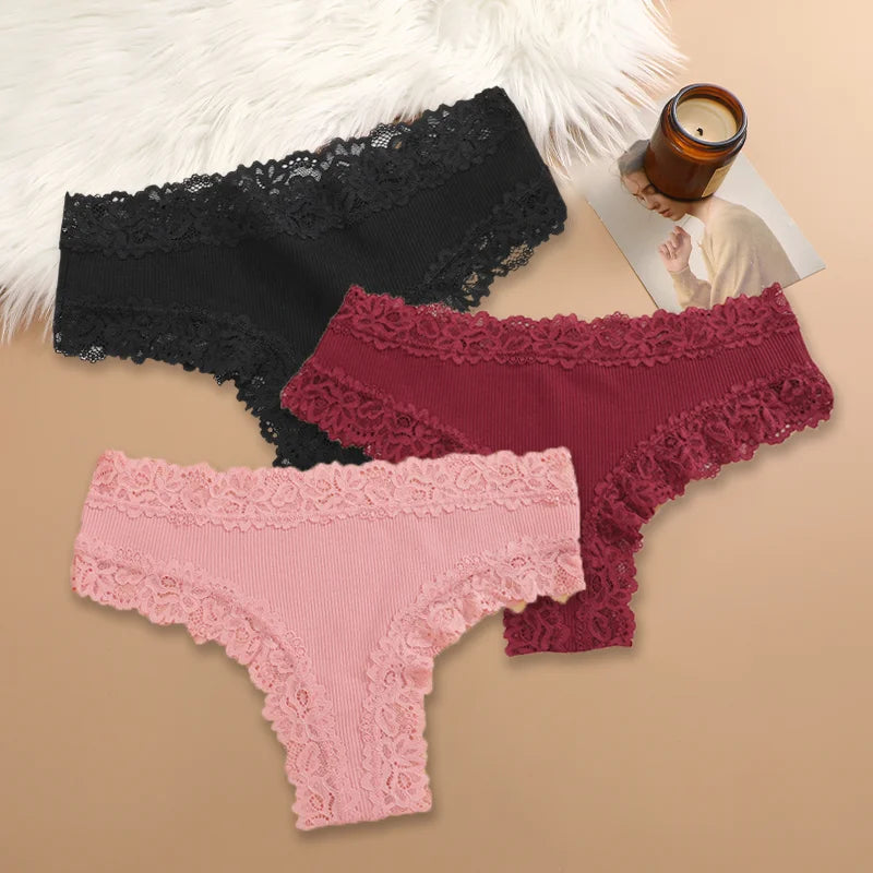 3Pcs/Set Women'S Cotton Panties Floral Lace Intimate Underwear Trendy Patchwork Lace Briefs Female Soft Underpants Lingerie S-Xl