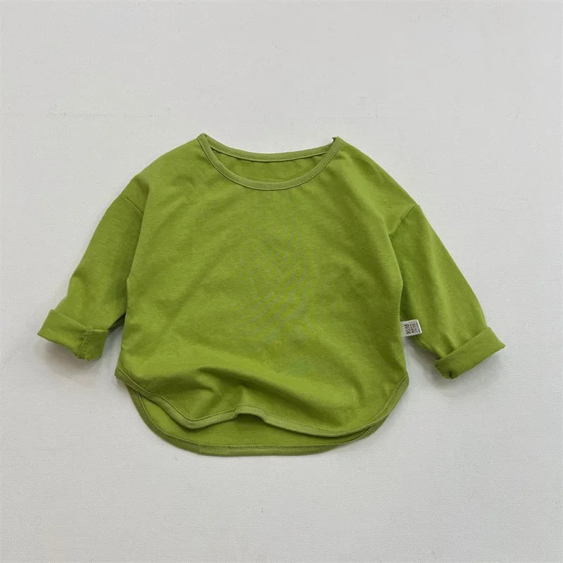 Children's Long Sleeve Cotton T-Shirt - Unisex Solid O-Neck Top
