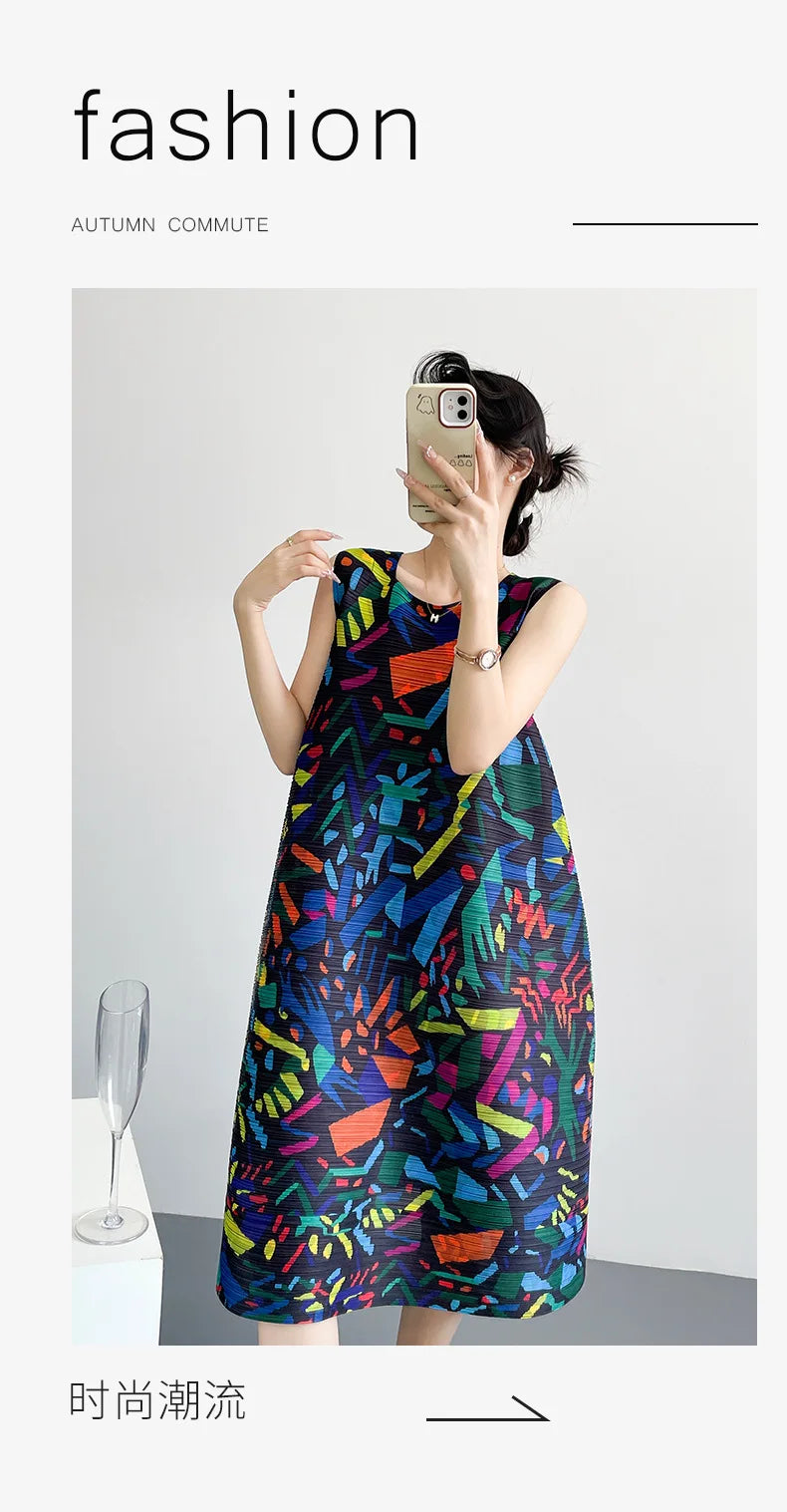2026 Summer Retro Print Design Flared Dress Women Loose Fit Plus Size Fashion Elegant Sleeveless Dress Travel Vacation Wear