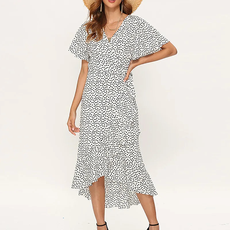 Bohemian Sexy V-Neck Irregular High Waist Lace-up Chiffon Print Dress Casual Beach Long Dress Women Summer Dresses