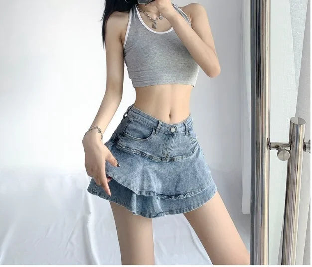 Harajuku Y2k Kawaii Hot Girl Denim Skirt College Style Women Pleated Skirt Jeans Casual High Waist Mini A-line Short Skirt