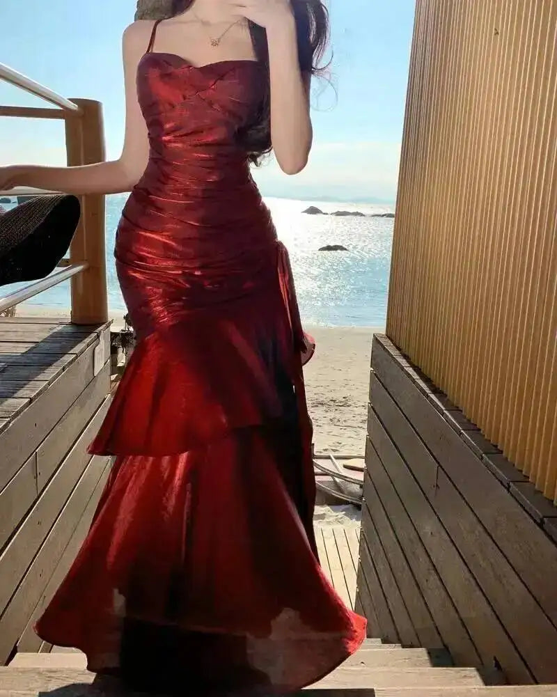 LGRQ 2026 Summer Blue Niche Strap Dress Fishtail Elegant Long Dresses Solid Color Female Elegant Party Gown 19DA2013