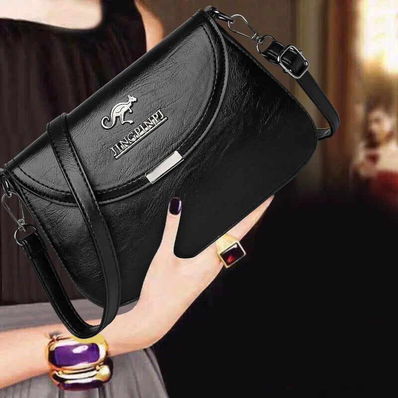 Soft Faux Leather Crossbody Bag, Metal Kangaroo Logo Mini Shoulder Purse, Adjustable Thin Strap Messenger Handbag for Women