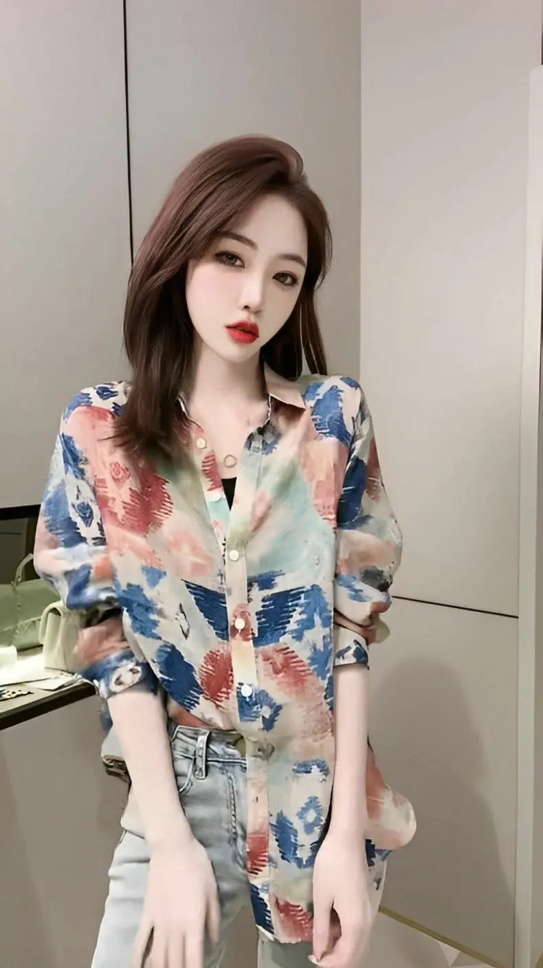 Spring 2026 Floral Print Loose Long Sleeve Women's Shirt Fashionable Versatile Korean Style Commute Polonaise Polyester Fiber