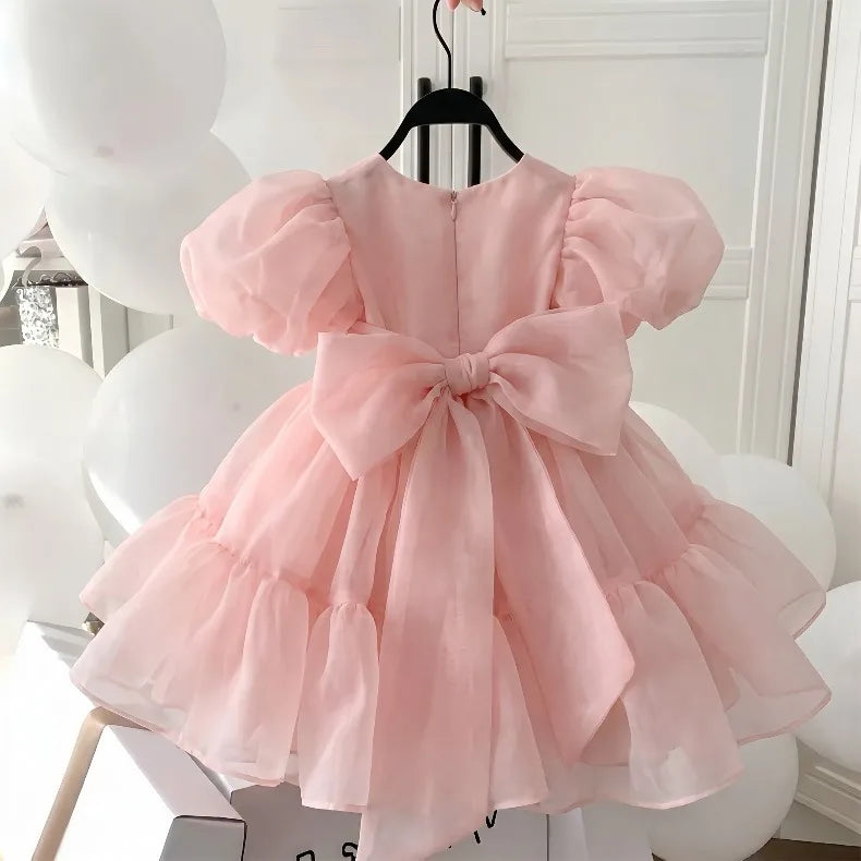 2026 Summer Girls Puff Sleeve Mesh Princess Dresses Sweety Bow Kids Wedding Clothing 1-10years Old Baby Girls Birthday Party Dre