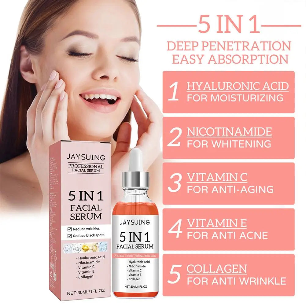 5 In 1 Fade Fine Lines Firming Face Serum Moisturizing Brightning Vitamin C Hyaluronic Acid Facial Serum Shrink Pores Skin Care