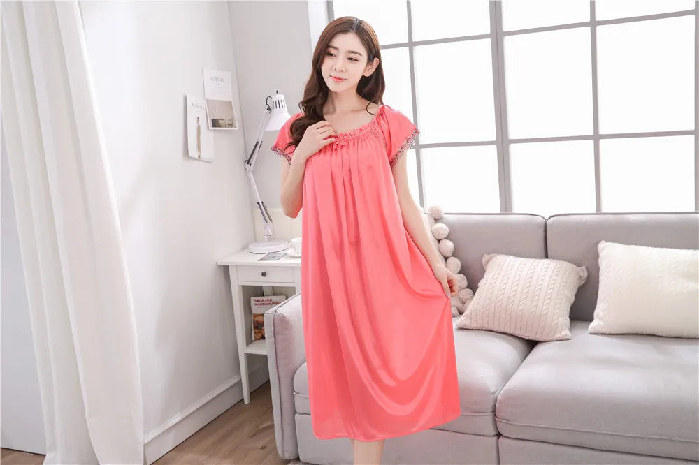 2026 New Women's Summer Imitation Silk Sleeping Skirt Multi Colored Short Sleeved Home Clothes Ice Silk Pajama Dress