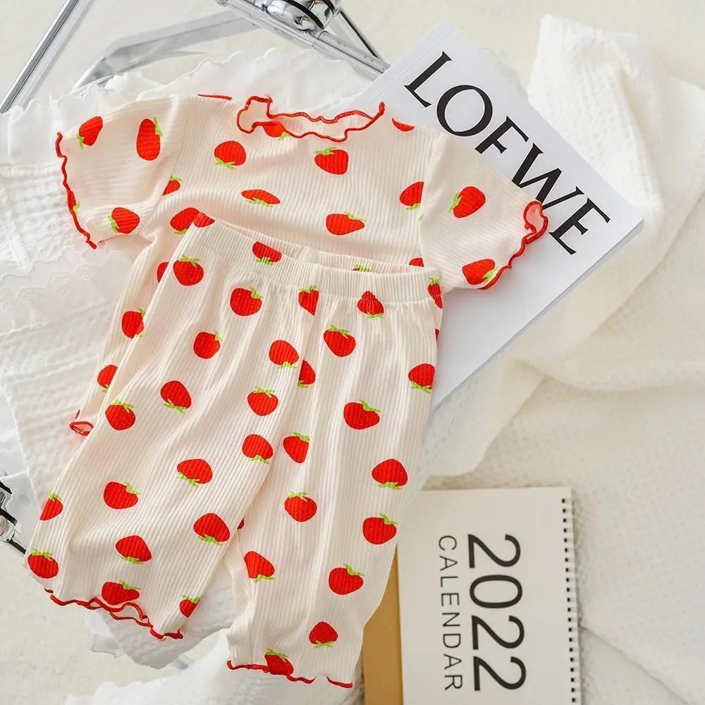 Summer Fashion New Short Sleeve Round Neck Flower Printed T-shirt Top+Pants 2 Piece Set Kids Casual Home Clothes