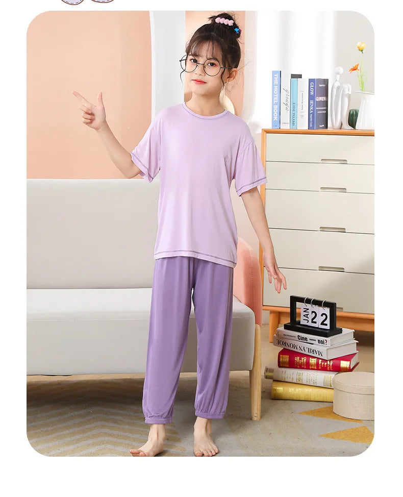 Teenage Boy Pajamas Summer Girl Short Sleeve Children's Clothing Sleepwear Silk Cotton Pyjamas Sets For Kids 4 8 9 12 13 14Years