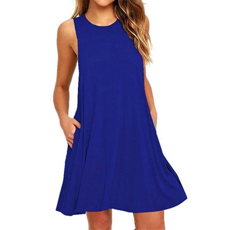 Women'S'S Dress Summer Casual T Shirt Dresses Beach Cover Up Plain Pleated Tank Pockets Dress