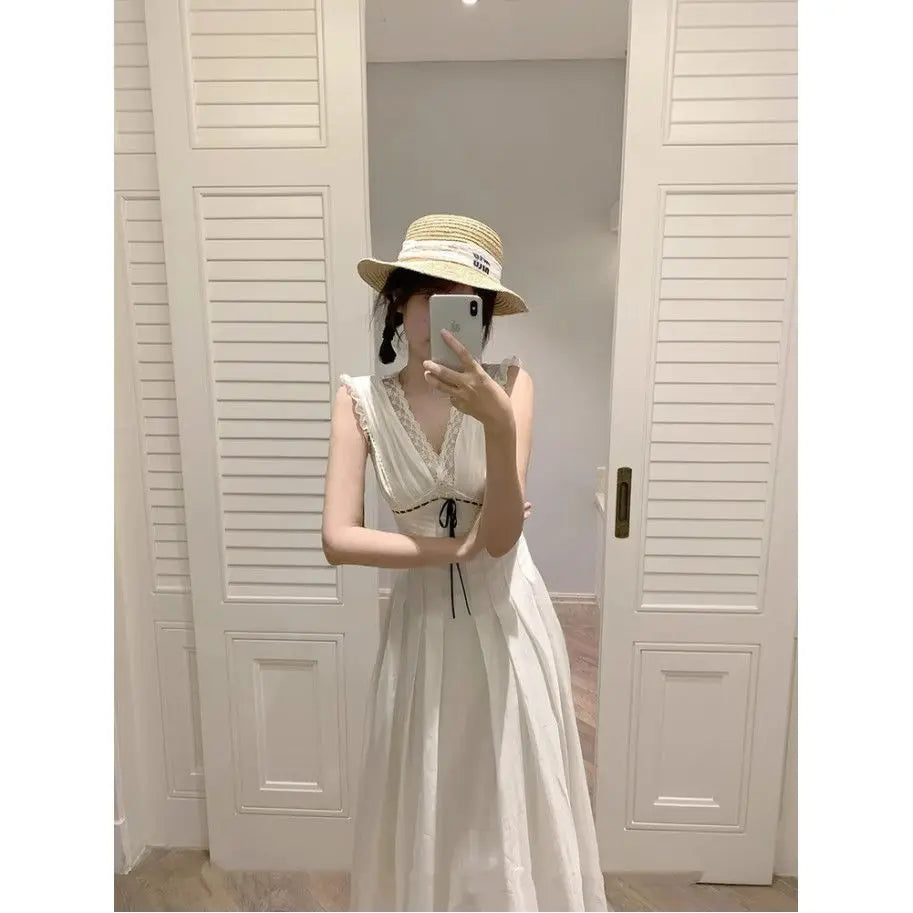 plus Size French Collar Lace Splice Sleeveless Dress Women Summer Slimming Long Dress Waist Cinched V Neck Knitted Fabric