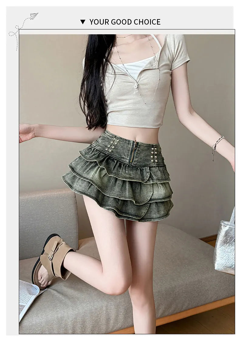 American Style Spicy Girl Design Elastic Denim Cake Short Skirt Women's Summer Pure Desire High Waist Slimming Pleated  S...