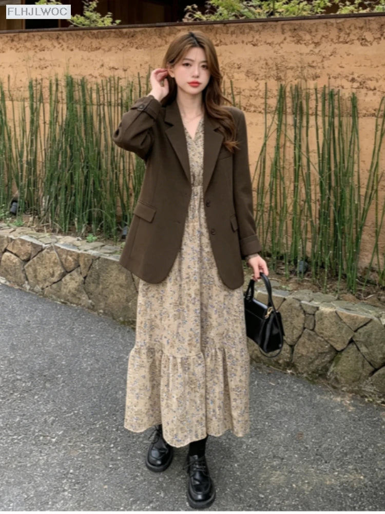 Chic Korean Clothes Design 2022 Autumn Spring Womens V Neck Elegant Lady Floral Printed Retro Vintage Long Maxi Dress