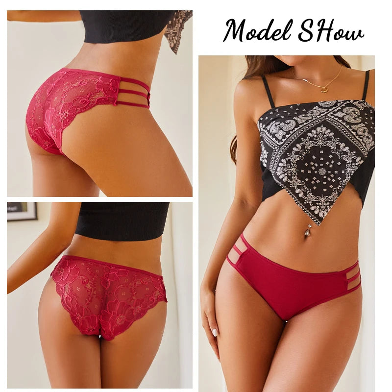 3Pc/Set Women'S'S Sexy Floral Lace Panties Low Rise Hollow Out Briefs Transparent Underwear Female Elastic Straps Soft Lingerie