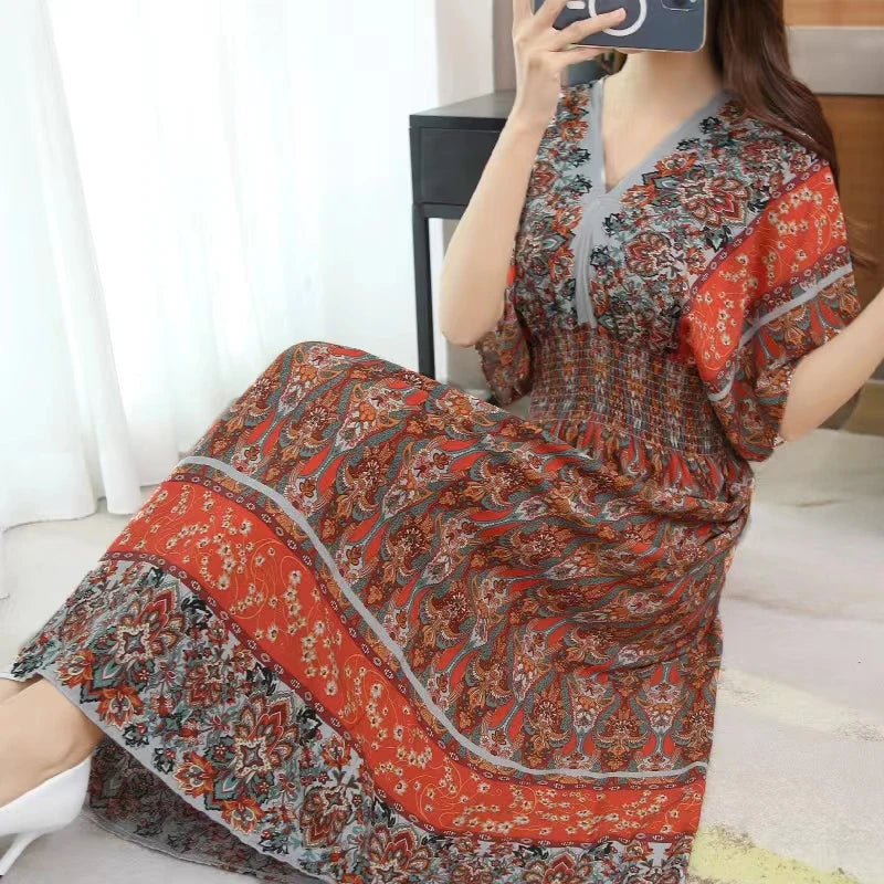 Summer New Casual Elegant Retro Bohemian Style V-neck Elastic Waist Large Swing Printed Long Skirt Autumn Summer Dress