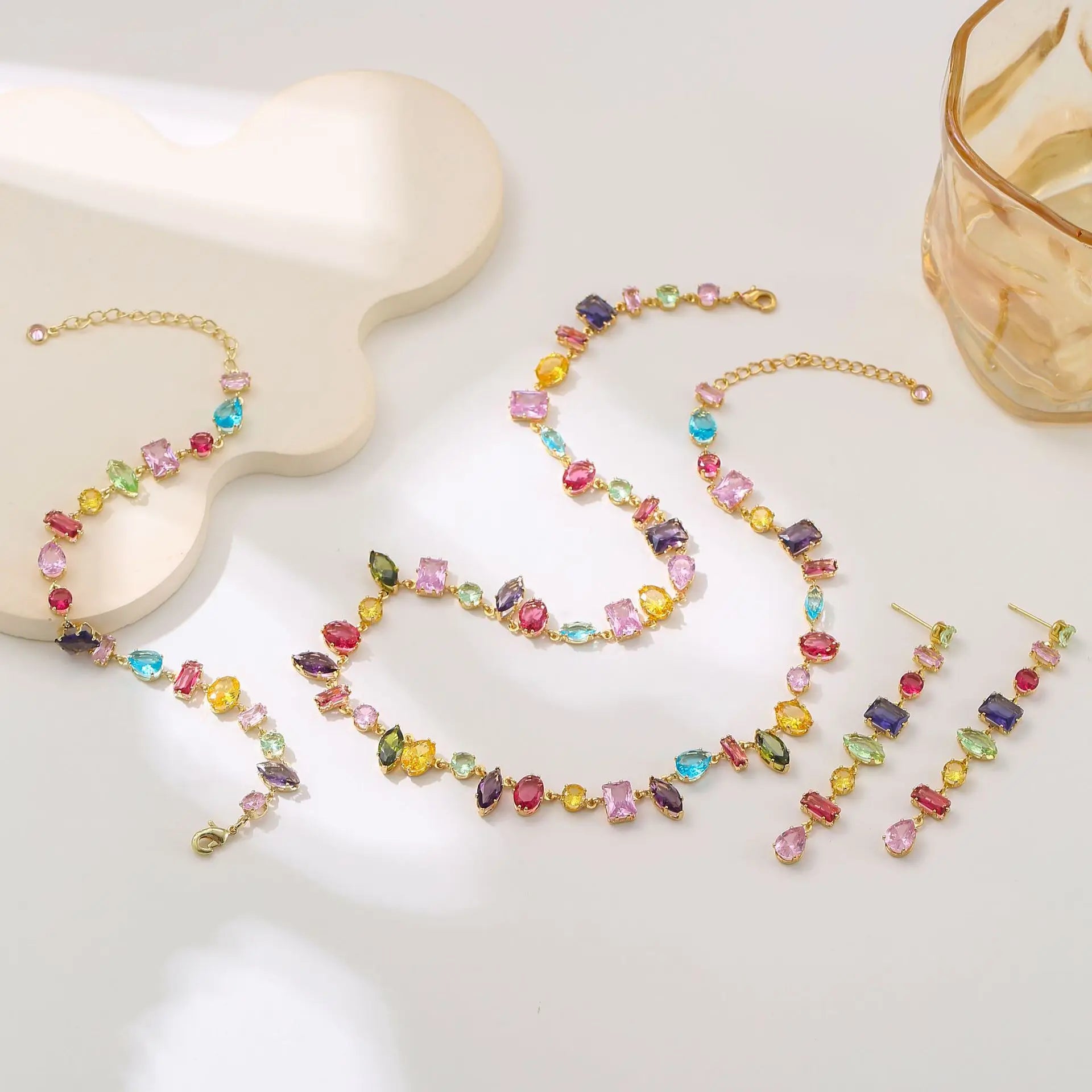 New Colorful Crystal Necklace Bracelet Chain For Women'S Elegant Clavicle Chain Irregular Zircon Necklace Jewelry Sets Gifts