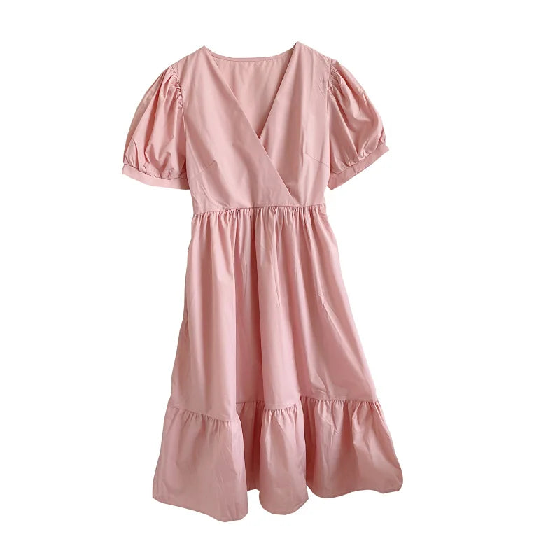 Retro Elegant  Color V-neck Bubble Sleeve Waist-cinching Slimming Casual Lace Trim Dress Women Summer Midi Dress