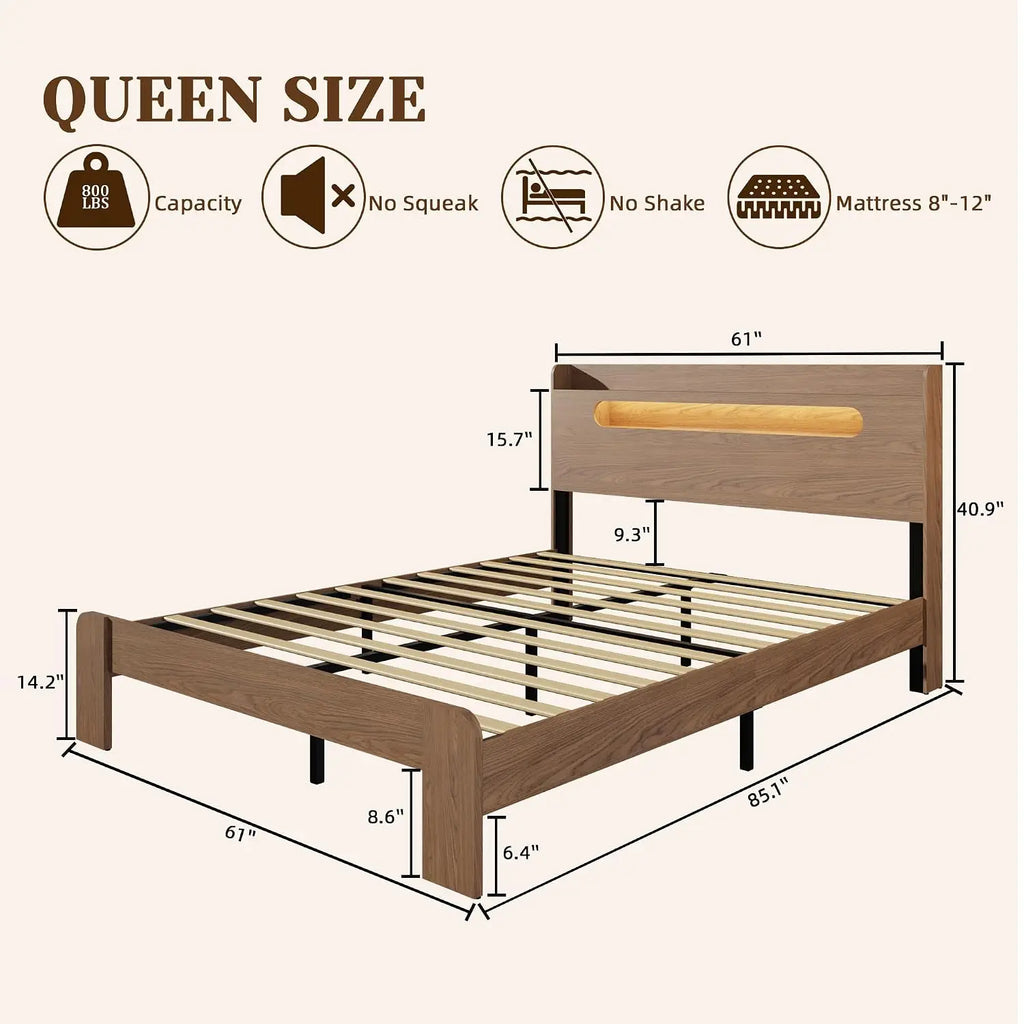 Queen Bed Frame 2-Tier Shelf Headboard Walnut LED Lights Charging Station Rustic Platform Wood Slat No Box Spring, Customized