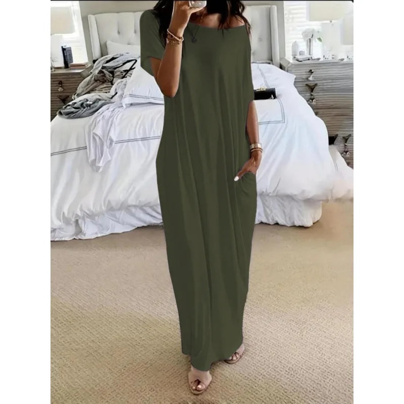 Women's Summer Solid Short Sleeve Maxi Dress Casual Loose Fit for Beach Holiday and Daily Leisure