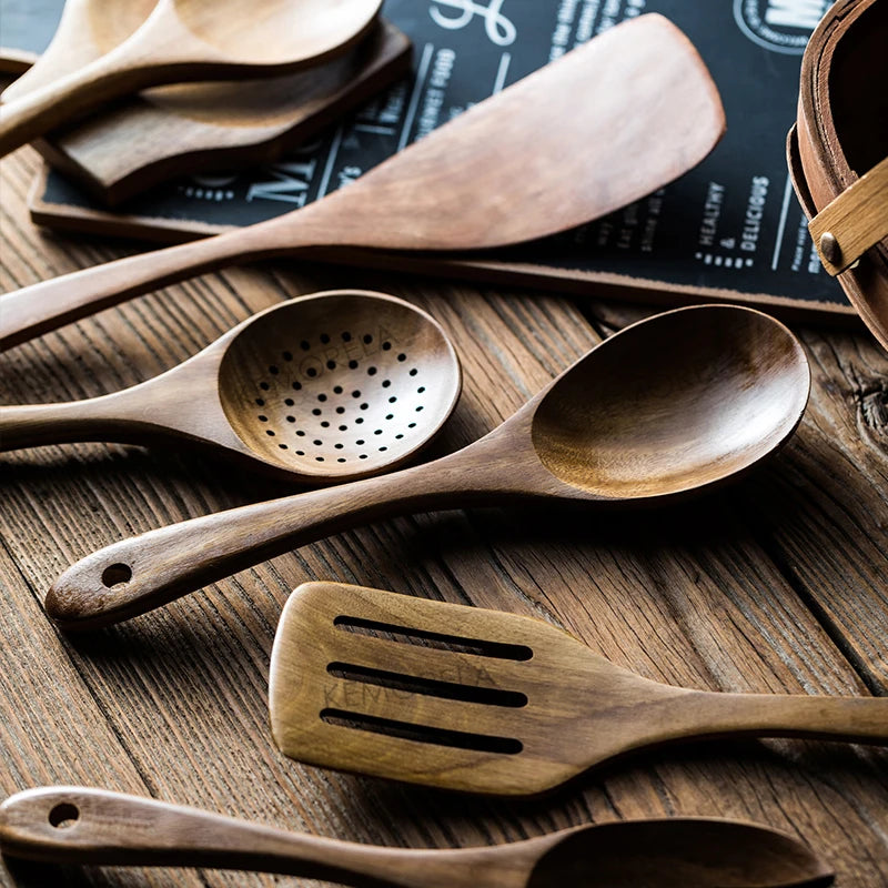 Cucharas de madera para cocinar de 9 piezas, utensilios de madera para cocinar con soporte para utensilios, juego de utensilios de cocina de madera de teca
