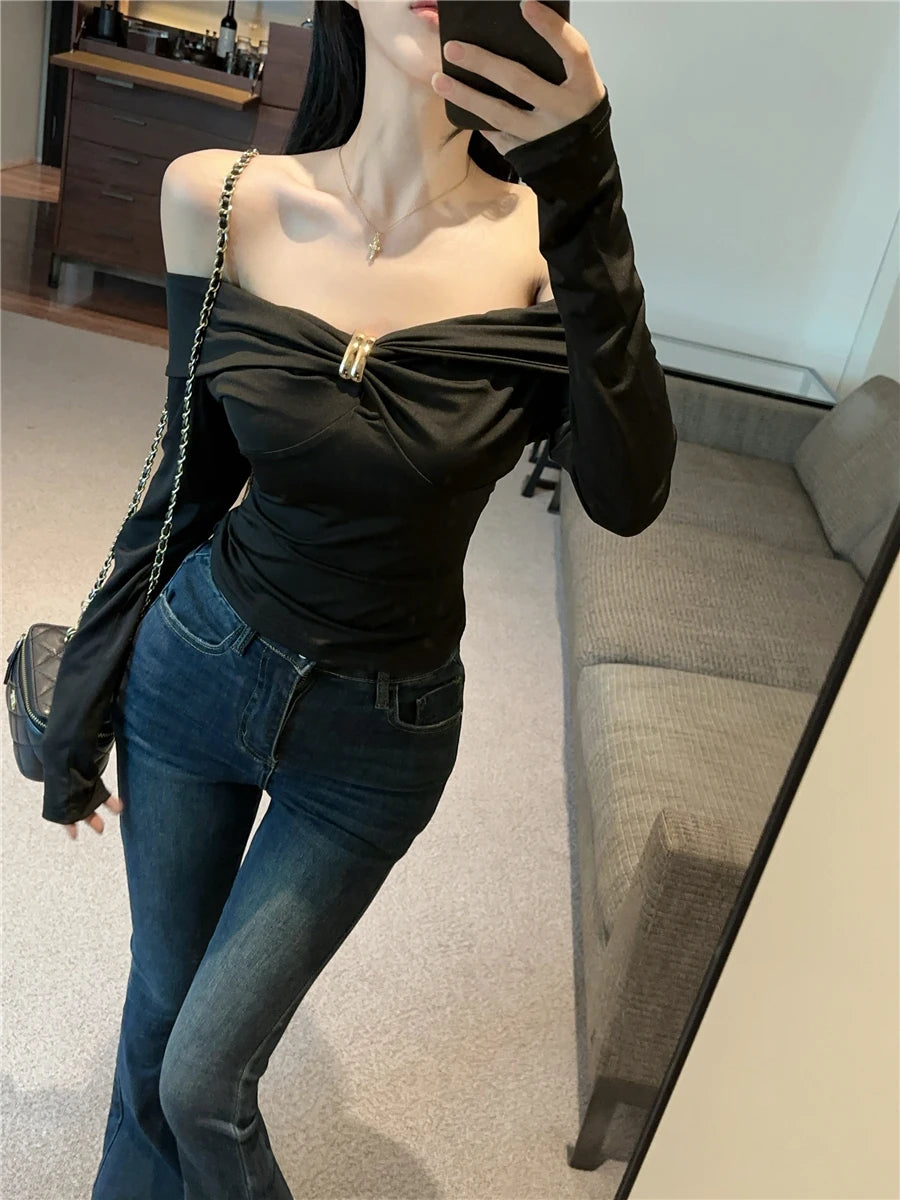 Sexy Hollow out Metal Long Sleeve T-Shirt Slim Fit Beautiful Design Shoulder Bared Autumn Fashion for Young Women Hollow out ...