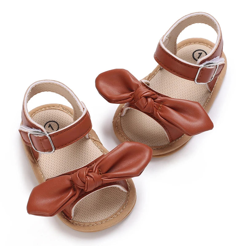 Brown Summer 0-18M Newborn Sandals Cute Bow Soft Rubber Sole Anti Slip Breathable Baby's First Pair Of Walking Shoes