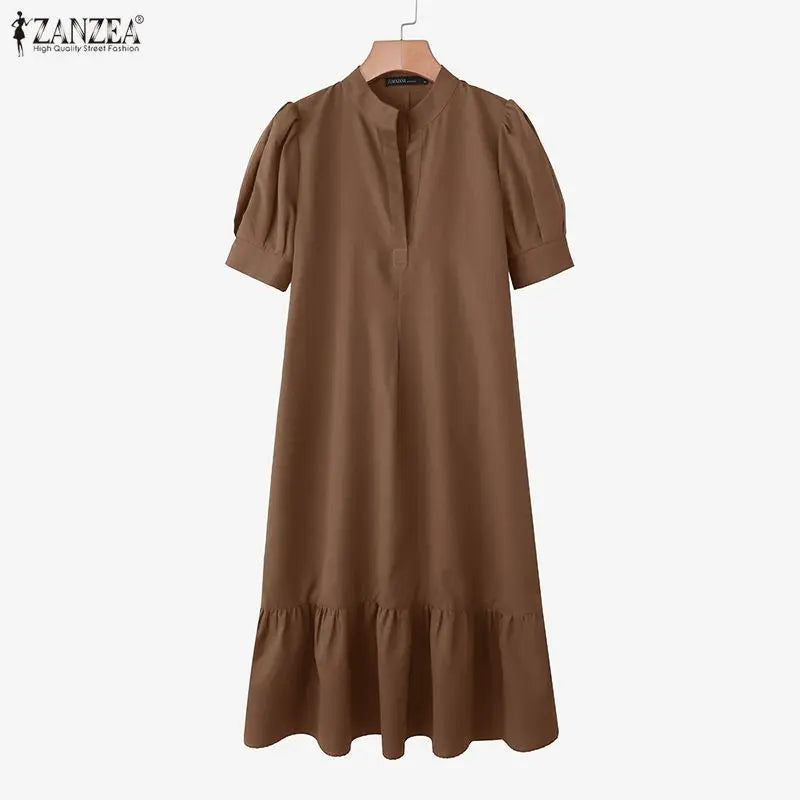 Women Casual A-Line Midi Dress Stand Collar Half Puff Sleeves Solid Color Loose Dresses ZANZEA Minimalist Daily Wear Vestidos