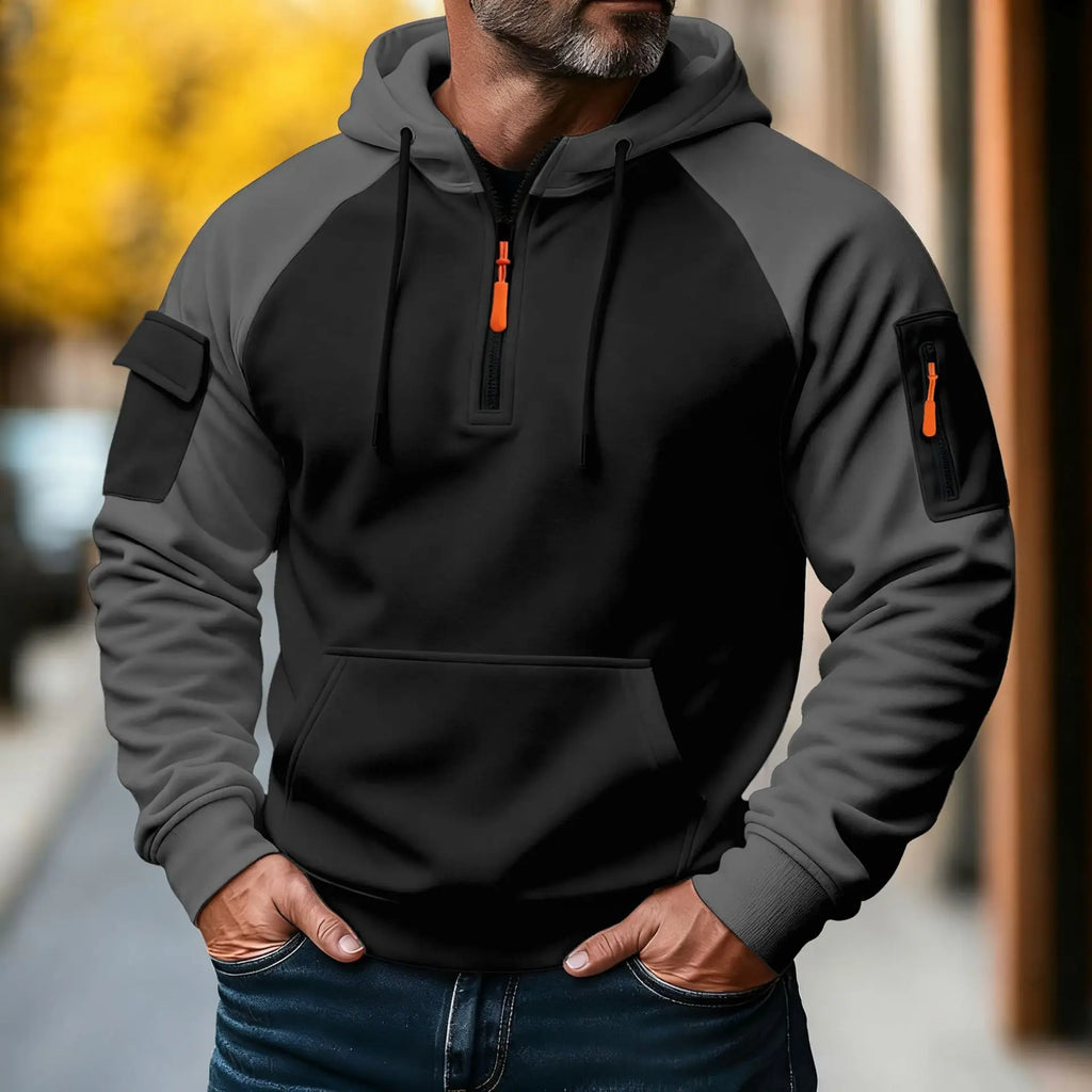 Spring and Autumn Men's Fashionable workwear casual sporty zipper long-sleeved hooded pullover with multiple pockets