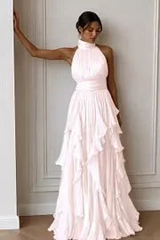 Women Mock Neck Sleeveless Tiered Ruffle Maxi Dress Draped Flowy Long Gown Formal Wedding Guest Evening Party Dresses
