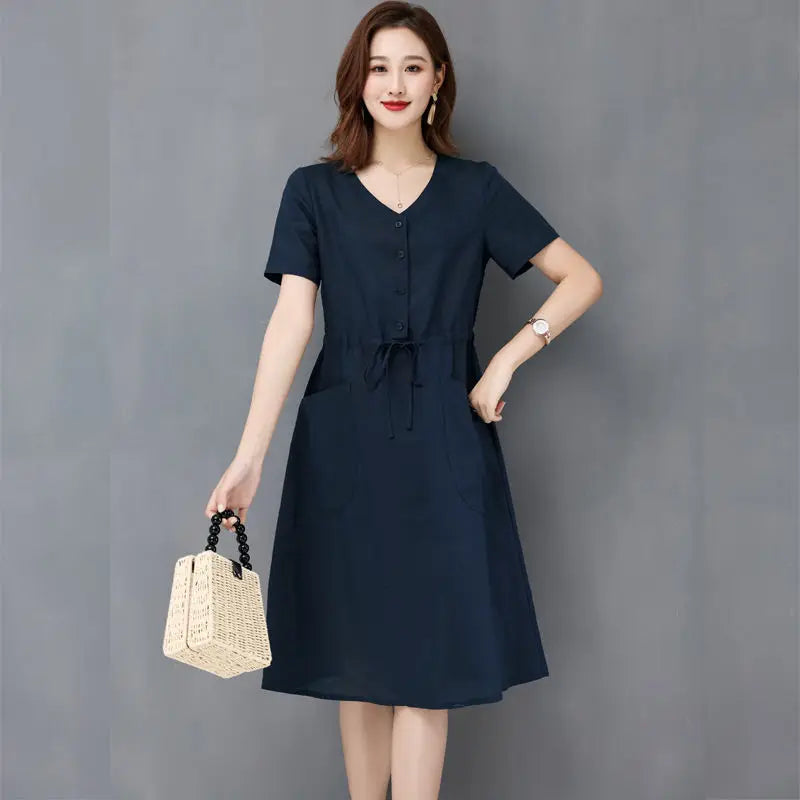 Elegant Cotton and Linen Women's Dress Draw String High Waist Breathable Midi Dresses Half Sleeve V-Neck A-Line Dress Summer