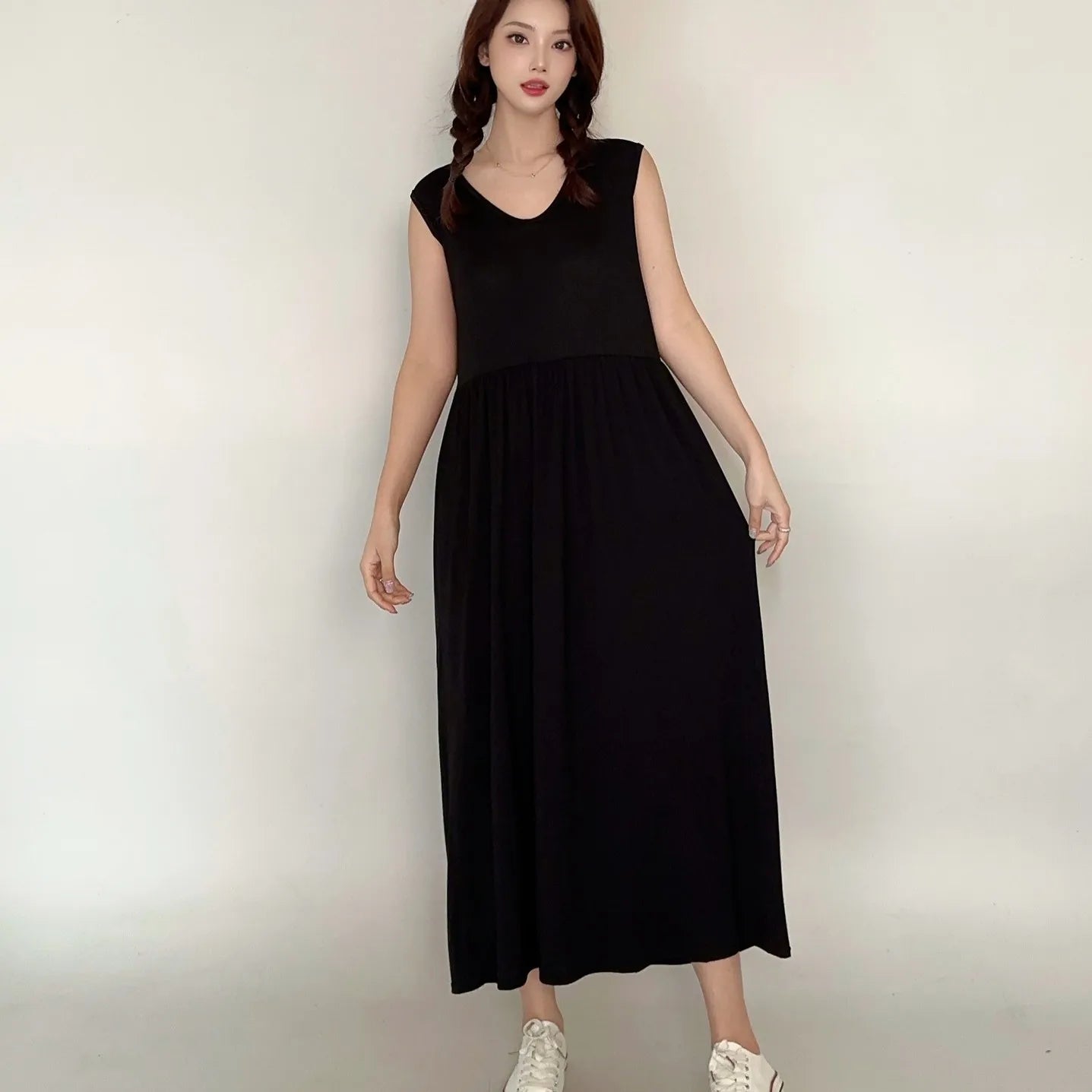 Plus Size Women's Modal Sleeveless Tank Dress – Pleated Mid-Length Waist-Slimming Homewear