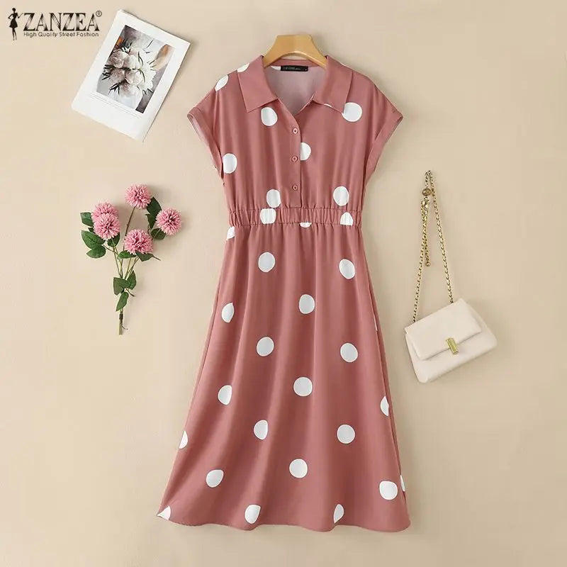 ZANZEA Women Polka Dots Midi Dress Casual Turn-Down Collar Cap Sleeve Half-Button Elastic Waist A-Line Dresses Commute Robes