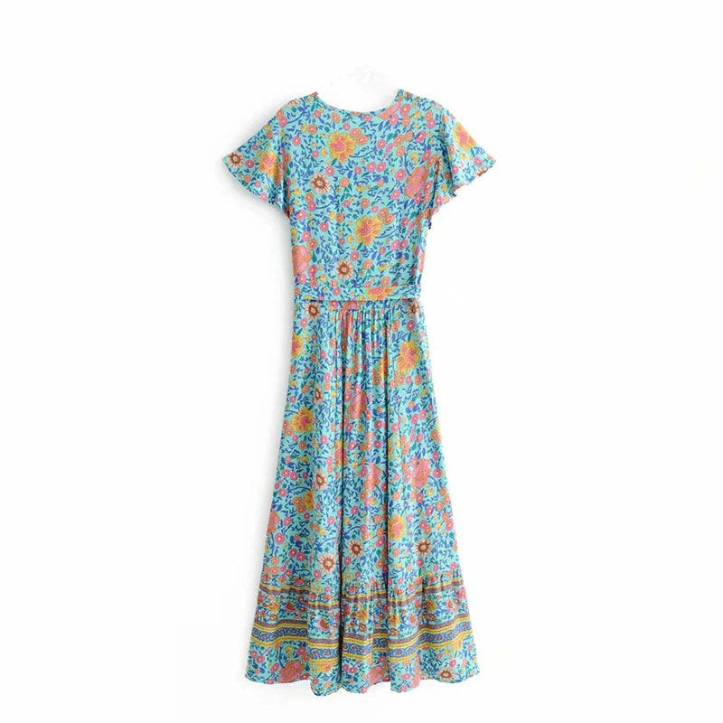 Ladies Sashes Boho Wrap Dresses Robe Bikini Cover-ups Women Floral Print Bat Sleeve Beach Bohemian Maxi Dress