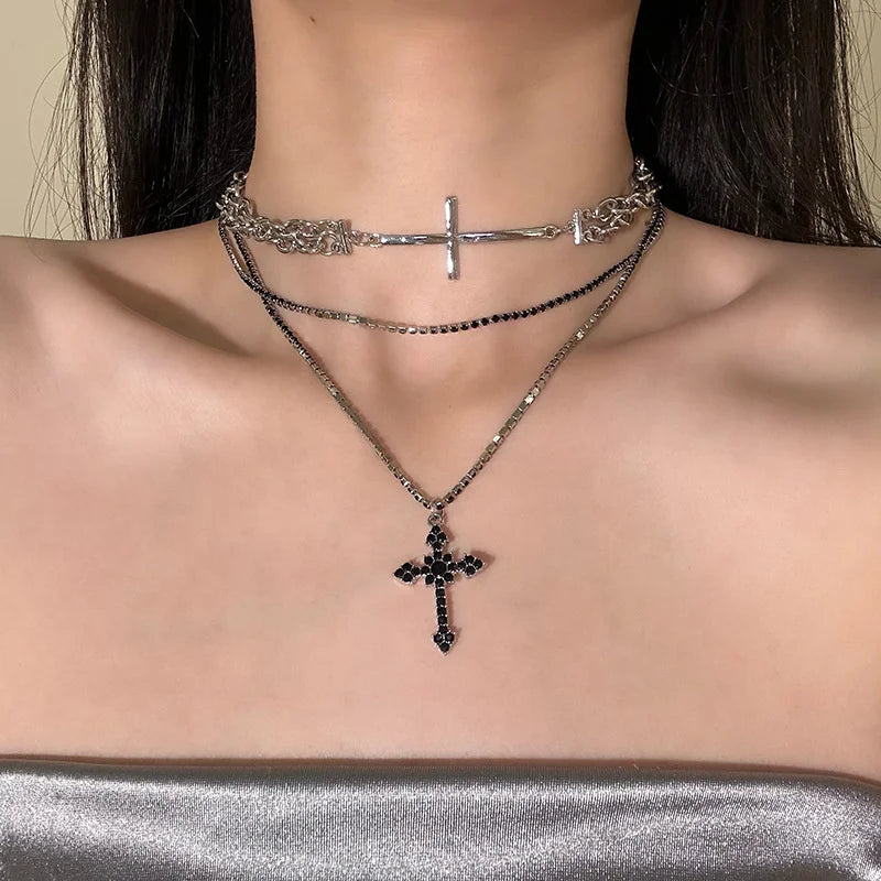 Gothic Cross Shape Multi-Layer Chain Necklace For Men Women Black Zirconia Stone Personalized Style Party And Daily Wear