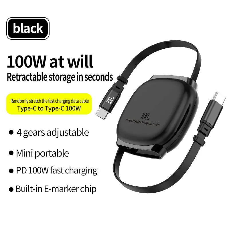 PD 100W Retractable USB-C Fast Charging Cable – iPhone & Android Compatible