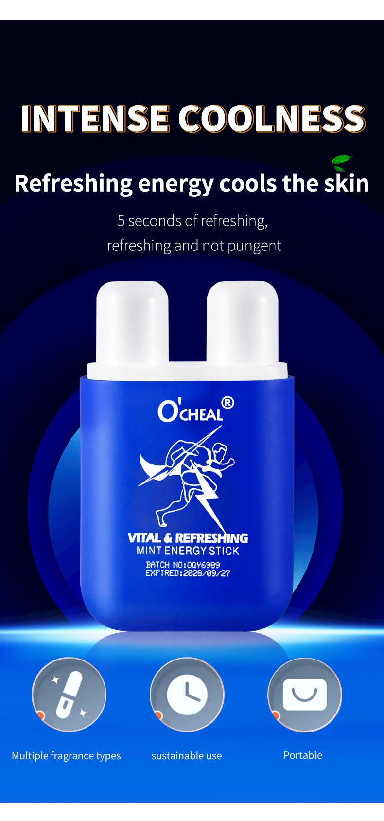 O'cheal Double Hole Energy Stick - Mint Scent Inhaler, 3-Pack